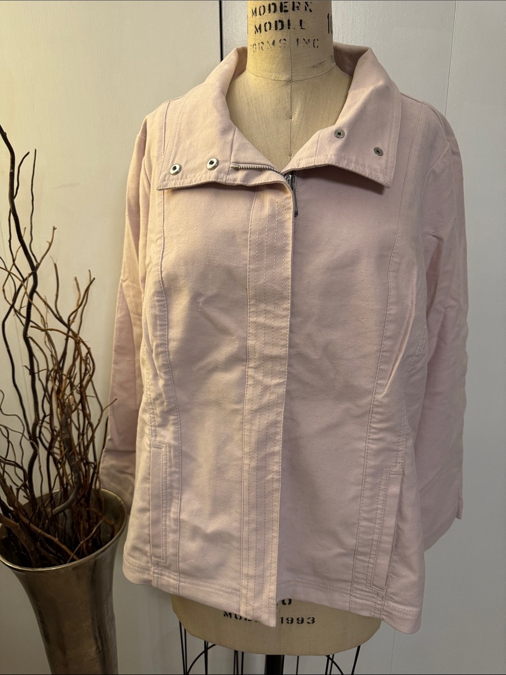 Chico's Pale Pink Utility Jacket with Zip and Snap Collar